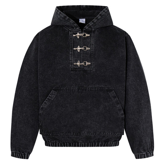 Men’s Black Hoodie – Stylish Distressed Wash Button Detailing global swanky 2