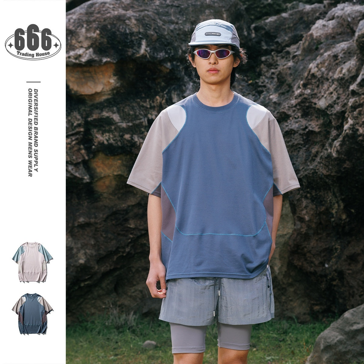 Men's Patchwork Contrast Color Sports T-shirt Loose Short Sleeve Global swanky 3