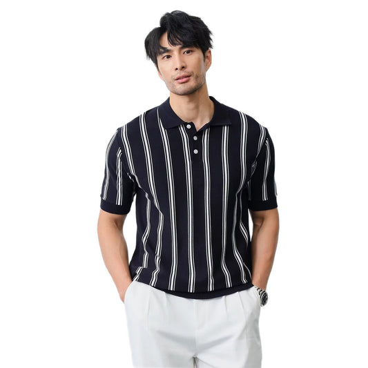 Men’s Striped Short-sleeve Knitted Shirt – Stylish with Lapel global swanky 2