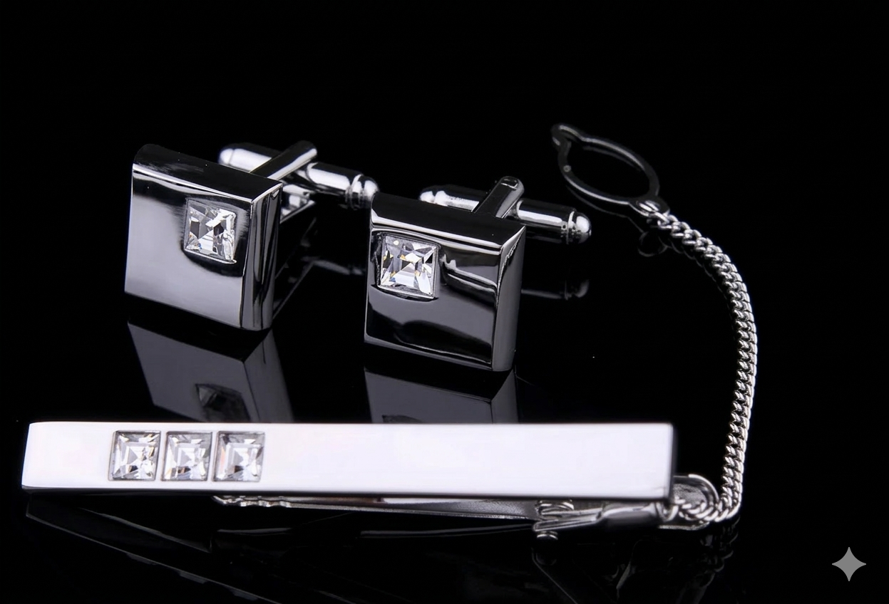 Men’s Suit Set Rhinestone Silver Cufflinks Tie Clip 3 Pieces
global-swanky 3