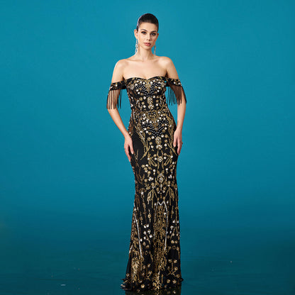  Off-Neck Tassel Sequined Fishtail Evening Dress for Banquet
global-swanky 1