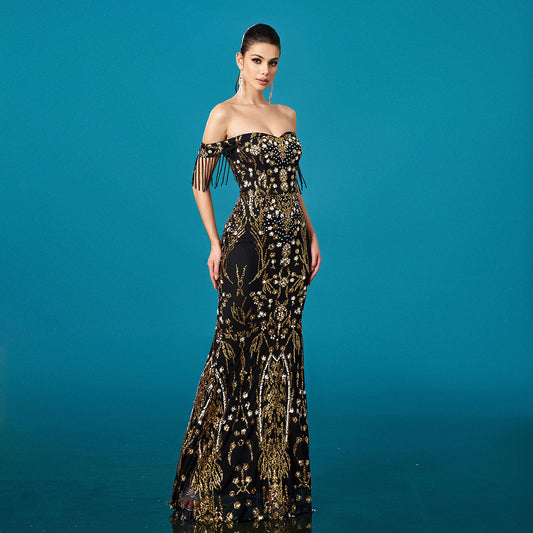  Off-Neck Tassel Sequined Fishtail Evening Dress for Banquet
global-swanky 2