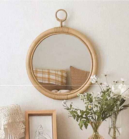 Round Vintage Rattan Makeup Mirror – Stylish Handmade Korean Design globalswanky3