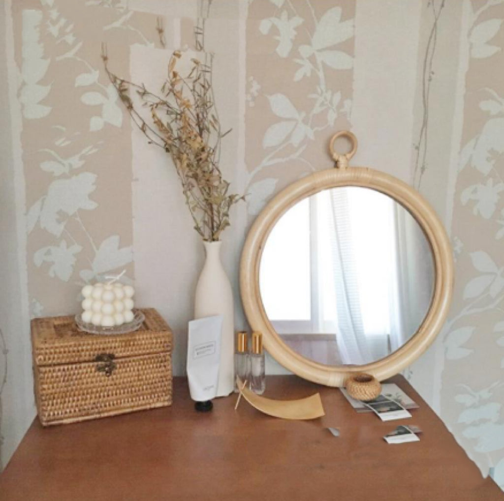 Round Vintage Rattan Makeup Mirror – Stylish Handmade Korean Design globalswanky 1