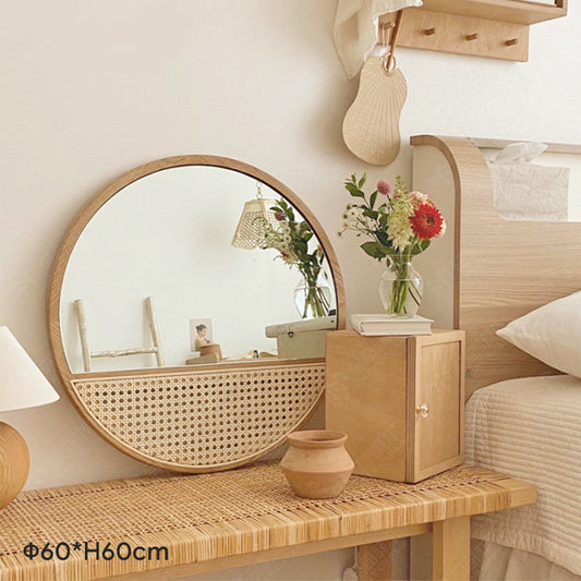Round Vintage Rattan Makeup Mirror – Stylish Handmade Korean Design globalswanky 2