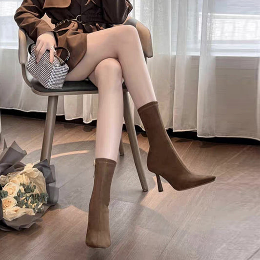 Stylish Women's Mid-Calf High Heels with Slim Suede Design global swanky 1