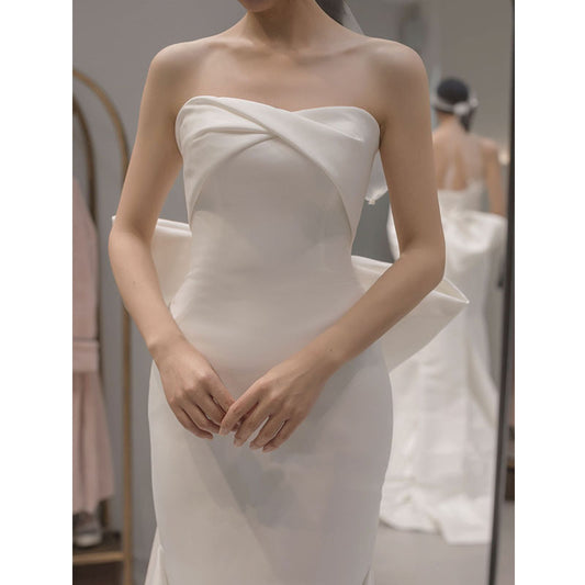 White satin strapless lightweight wedding dress Global swanky 2