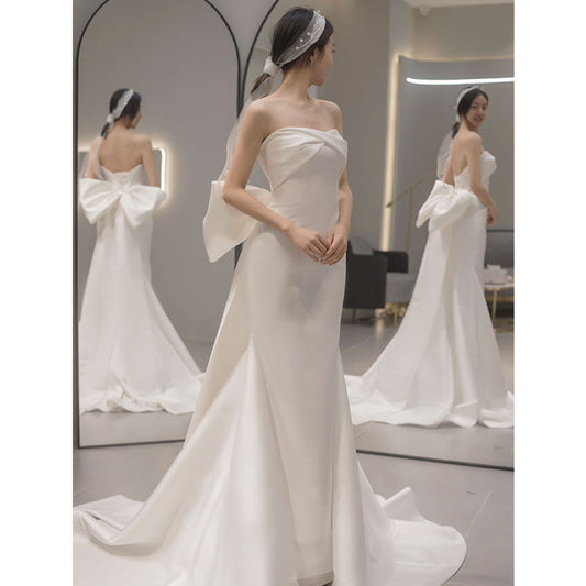 White satin strapless lightweight wedding dress Global swanky 3