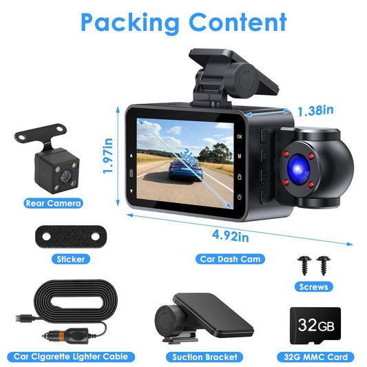 WiFi 1080P 3 Channel Dash Cam with App Control Night Vision Globalswanky02