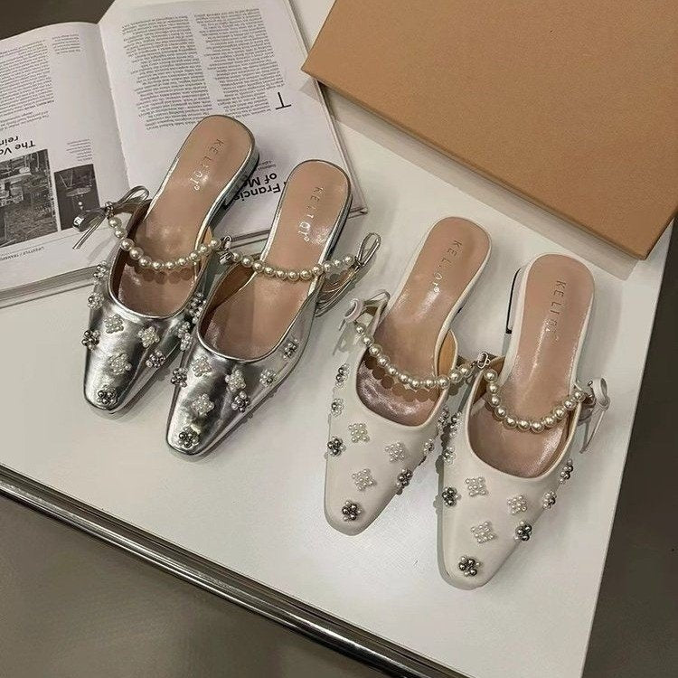 Women's Pearl Low Heel Mules Elegant Fashion Sandals global swanky 1