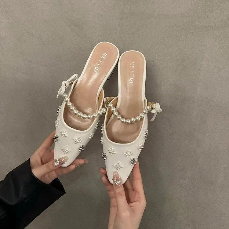 Women's Pearl Low Heel Mules Elegant Fashion Sandals global swanky 2