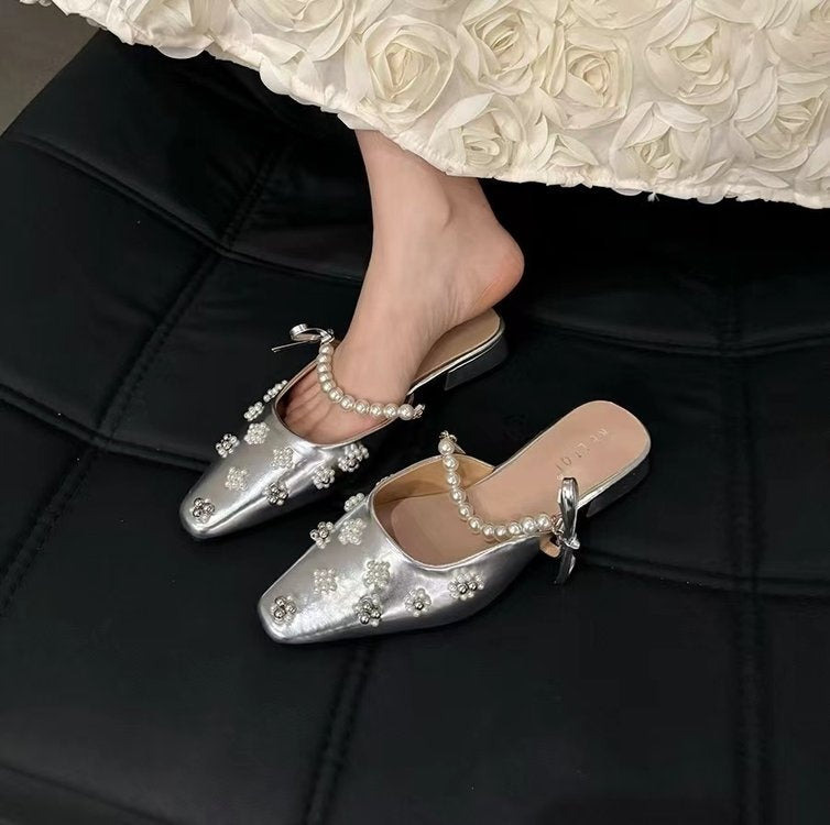 Women's Pearl Low Heel Mules Elegant Fashion Sandals global swanky 3
