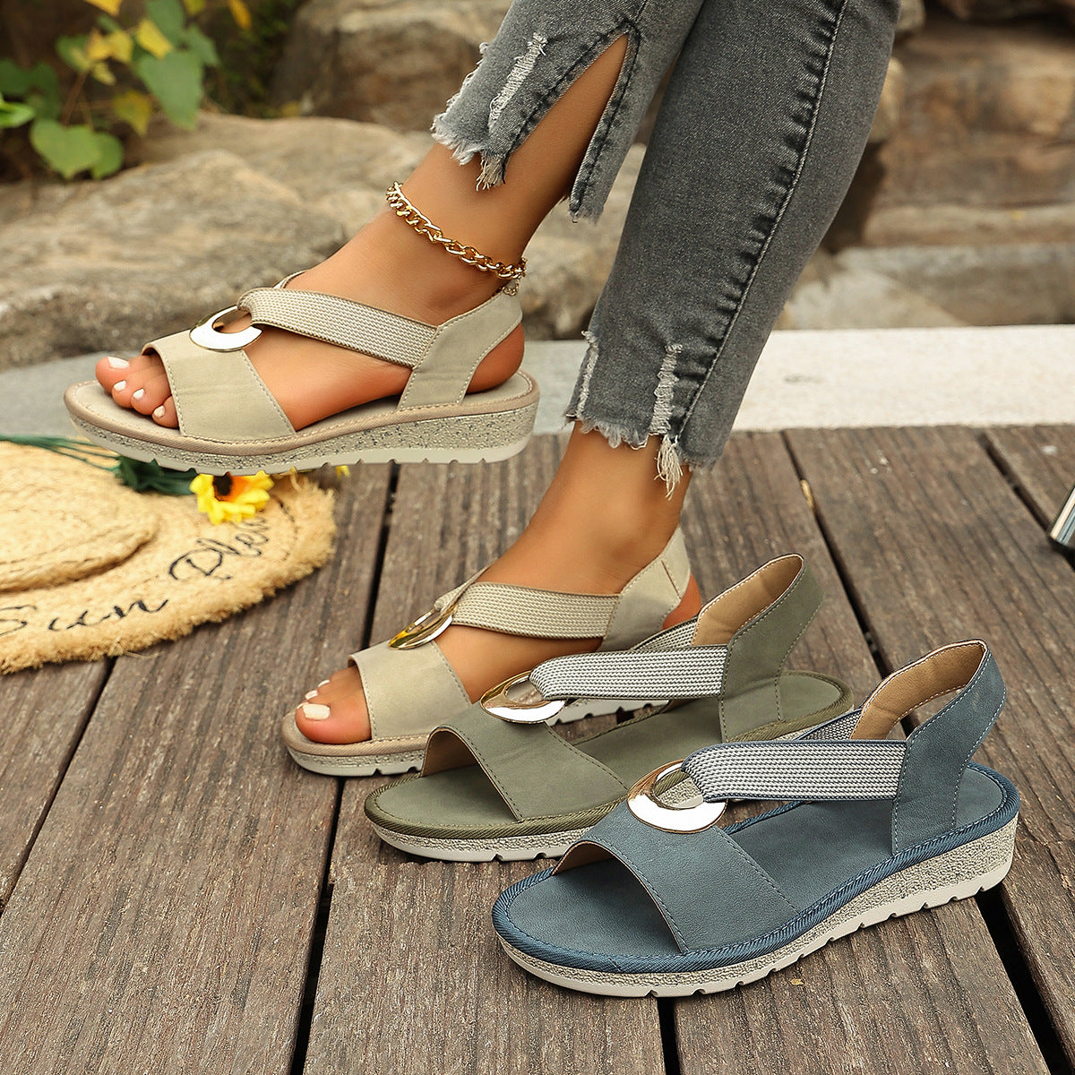 Women's Plus Size Fish Mouth Wedge Jute Sole Sandals global swanky 1