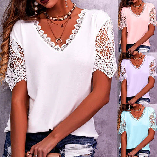 Womens Lace Trim V-Neck Short Sleeve T-Shirt Global swanky 1
