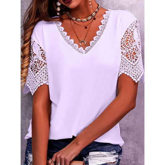 Womens Lace Trim V-Neck Short Sleeve T-Shirt Global swanky 2