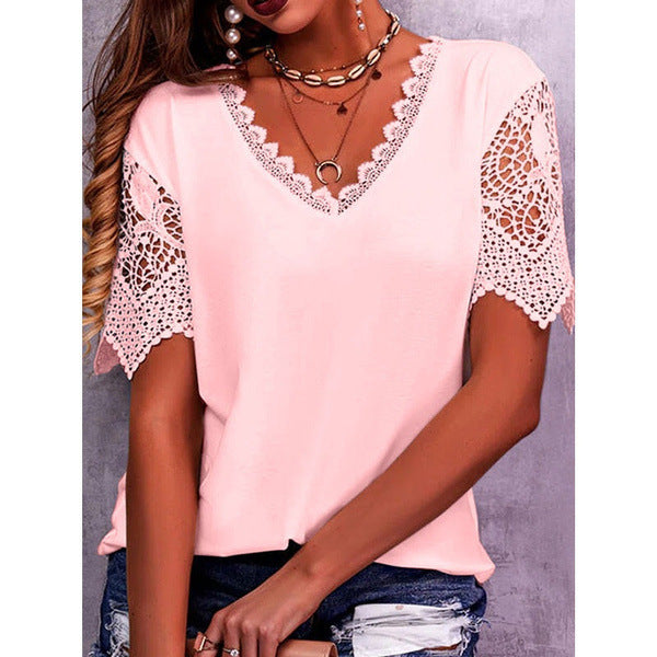 Womens Lace Trim V-Neck Short Sleeve T-Shirt Global swanky 3