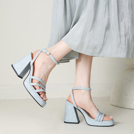 Buy Denim-strapped Sandals for Women with Round Toe & Chunky Heel