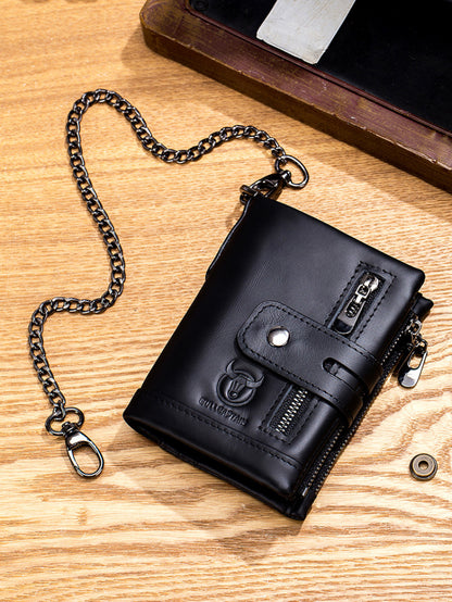 Compact Bifold Leather Wallet – Retro Style with Dual Zippers