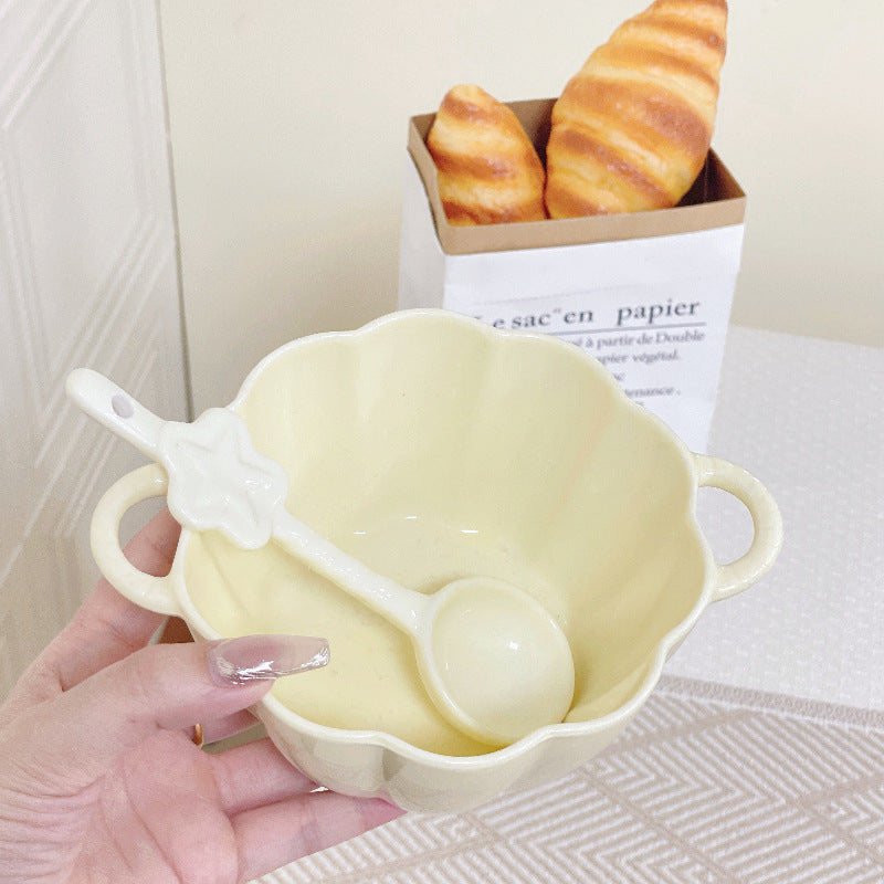 Double Eared Ceramic Soup Bowl with Floral Design