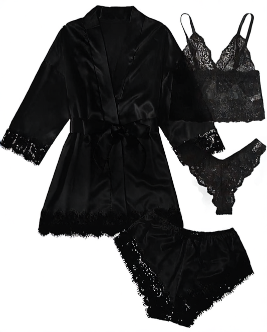 A 4-piece set of lace satin strappy pajamas