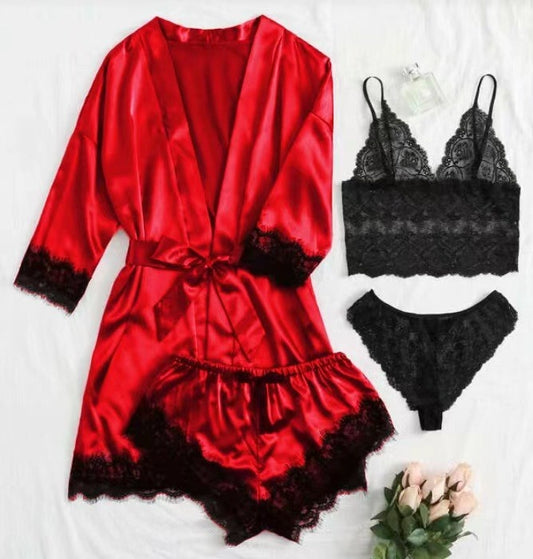 A 4-piece set of lace satin strappy pajamas