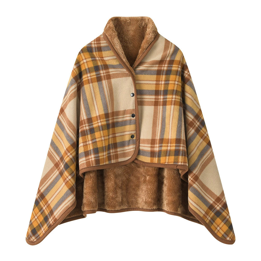 A buttoned shawl blanket for lunch break