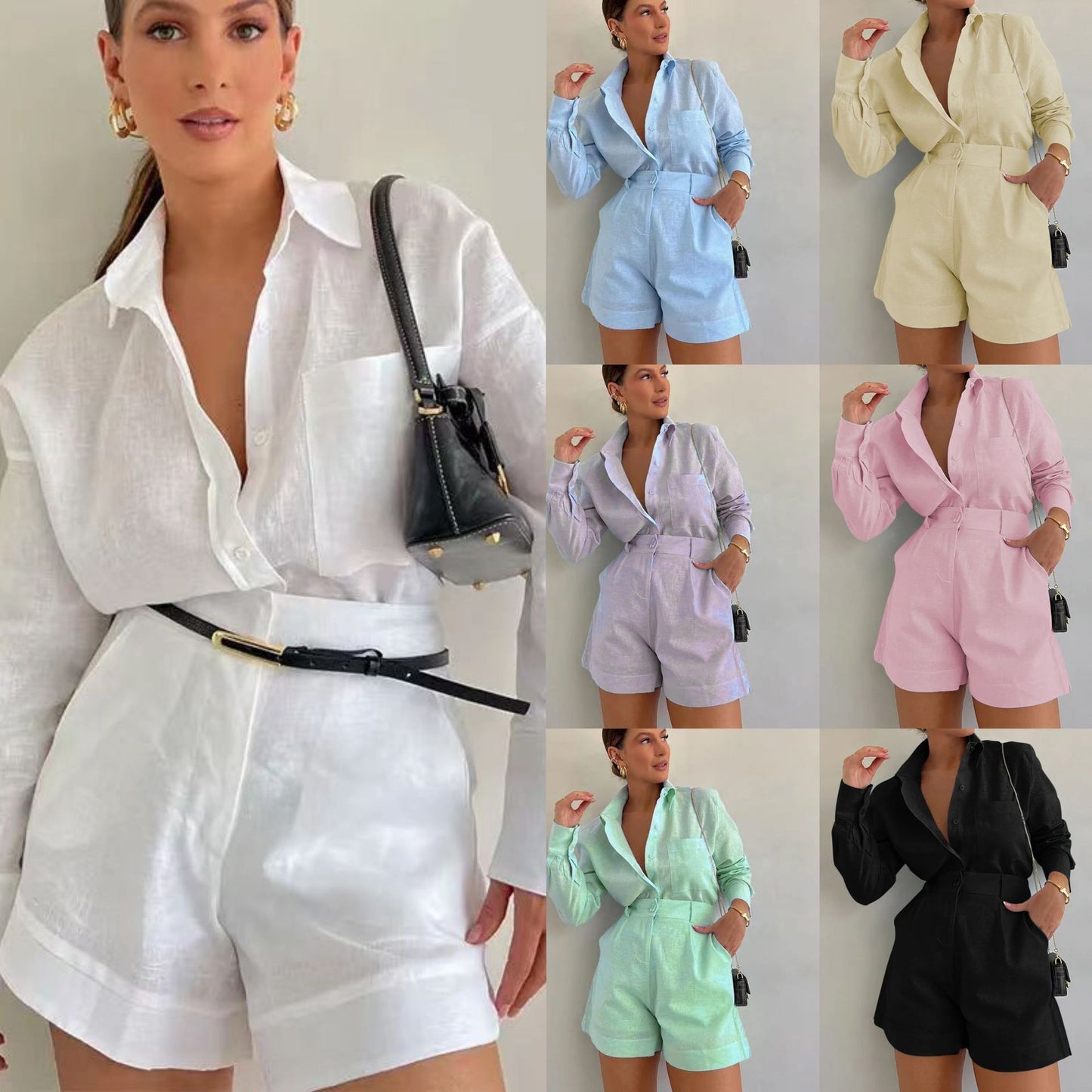 A fashionable and casual set of short trousers and long-sleeved shirts