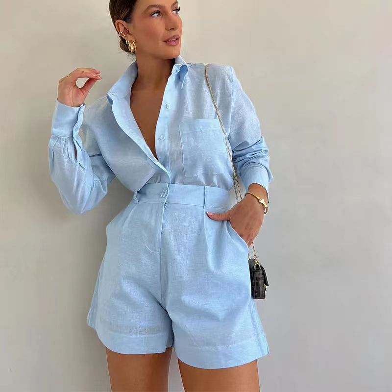 A fashionable and casual set of short trousers and long-sleeved shirts