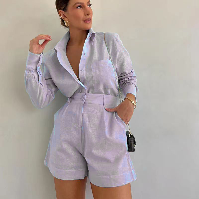 A fashionable and casual set of short trousers and long-sleeved shirts