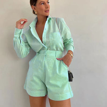 A fashionable and casual set of short trousers and long-sleeved shirts
