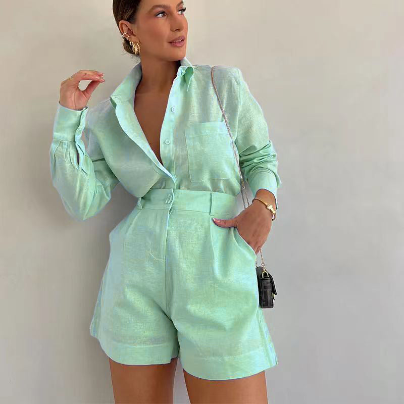 A fashionable and casual set of short trousers and long-sleeved shirts
