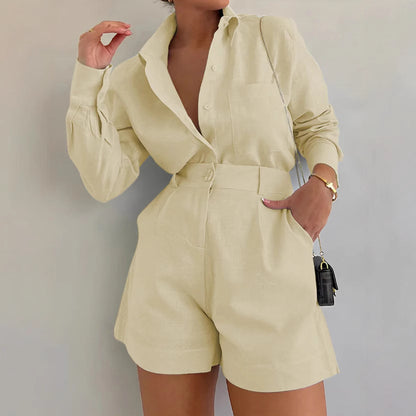A fashionable and casual set of short trousers and long-sleeved shirts