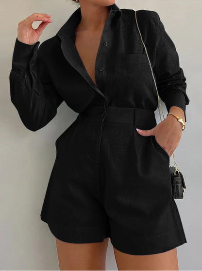 A fashionable and casual set of short trousers and long-sleeved shirts