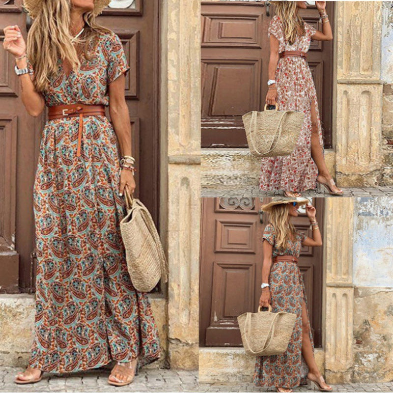 A fashionable Bohemian-style V-neck floral dress