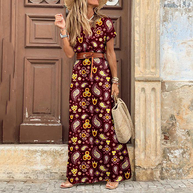 A fashionable Bohemian-style V-neck floral dress