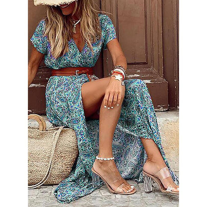 A fashionable Bohemian-style V-neck floral dress