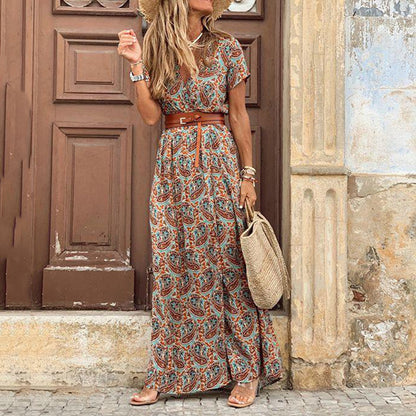 A fashionable Bohemian-style V-neck floral dress