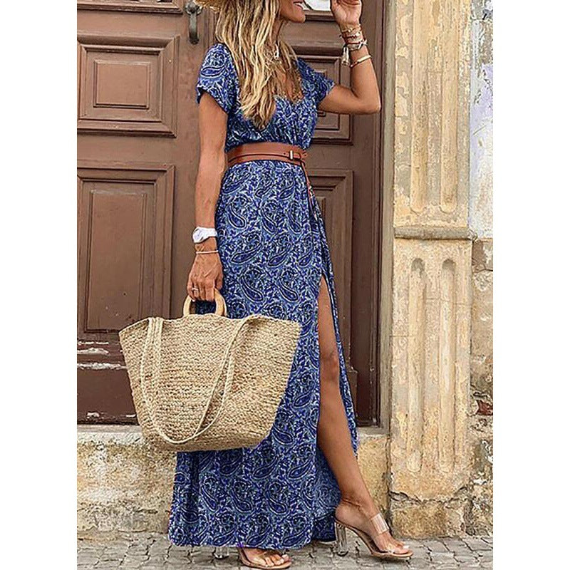 A fashionable Bohemian-style V-neck floral dress