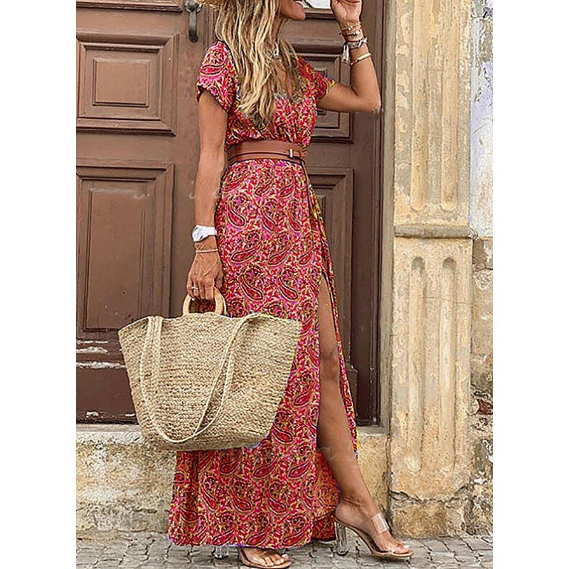 A fashionable Bohemian-style V-neck floral dress