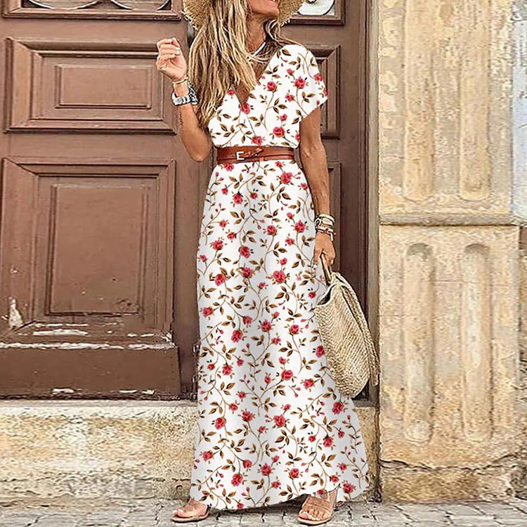 A fashionable Bohemian-style V-neck floral dress