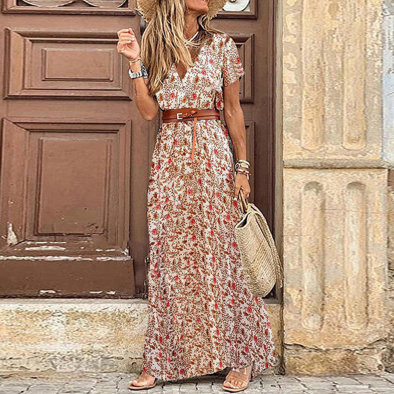 A fashionable Bohemian-style V-neck floral dress