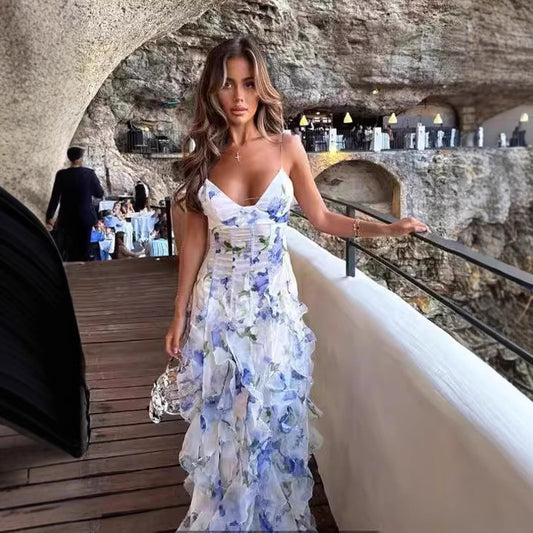 A fashionable chiffon printed, ethereal and elegant long evening dress