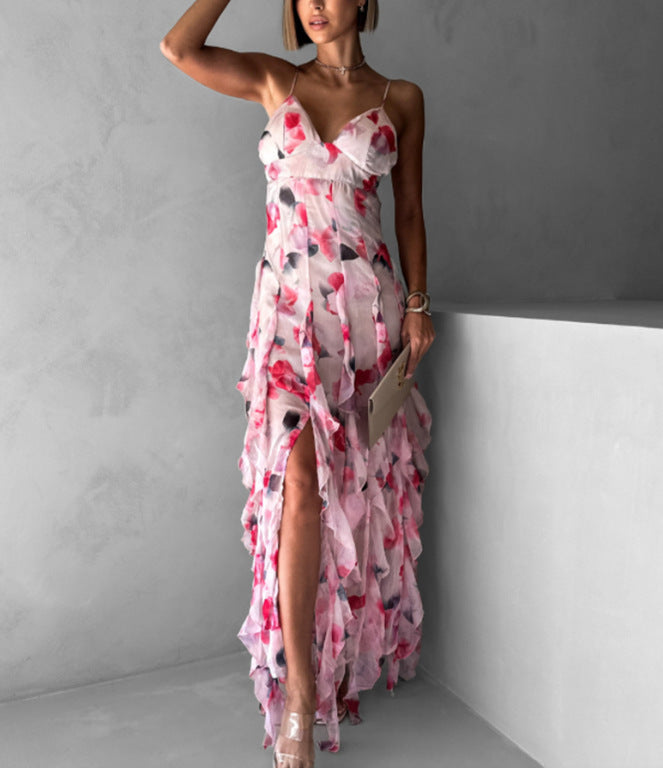 A fashionable chiffon printed, ethereal and elegant long evening dress