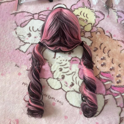 A female wig with pink and black highlights and long curly hair