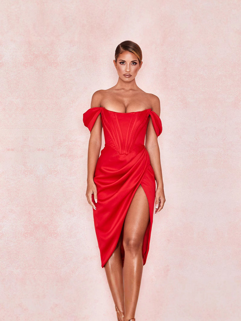 A figure-hugging, V-necked, elegant evening dress