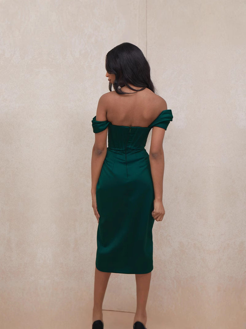 A figure-hugging, V-necked, elegant evening dress