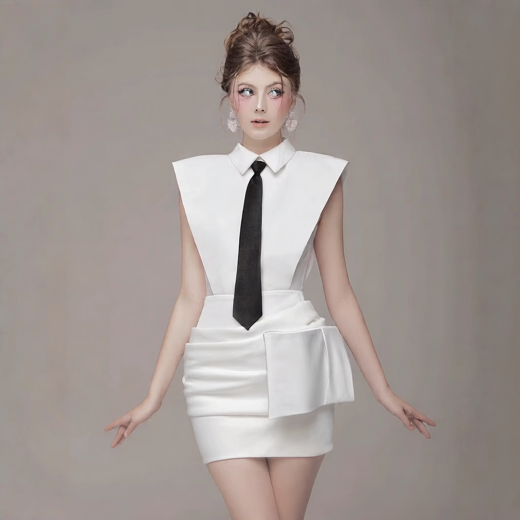 A gentle white elegant tie dress