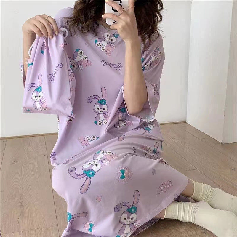 A girl in a sleeping dress with short sleeves
