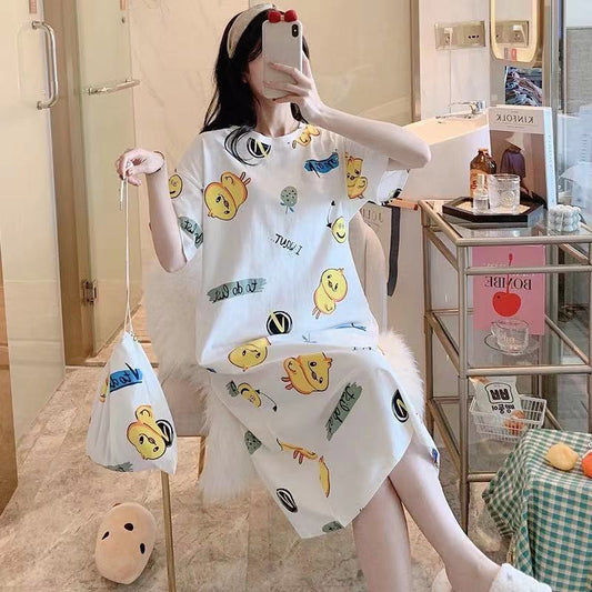 A girl in a sleeping dress with short sleeves