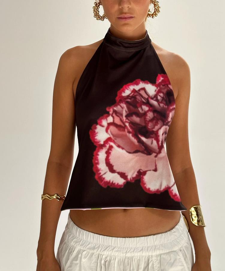 A halter-neck sleeveless off-the-shoulder top